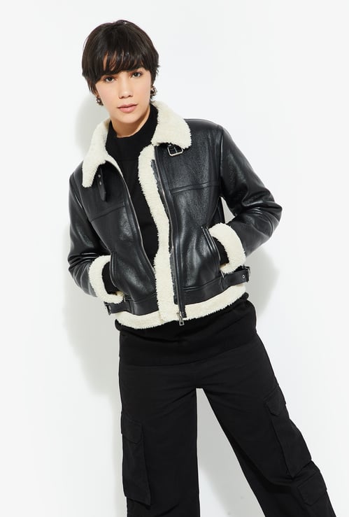 Women Faux Leather Aviator Jacket