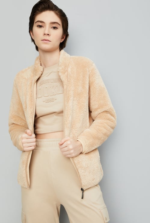 Women Mock Collar Teddy Jacket