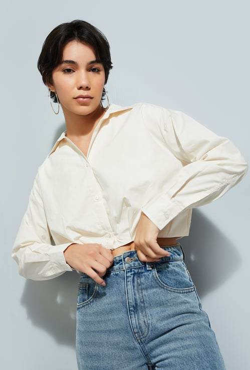 URB_N Women Solid Balloon Cropped Shirt
