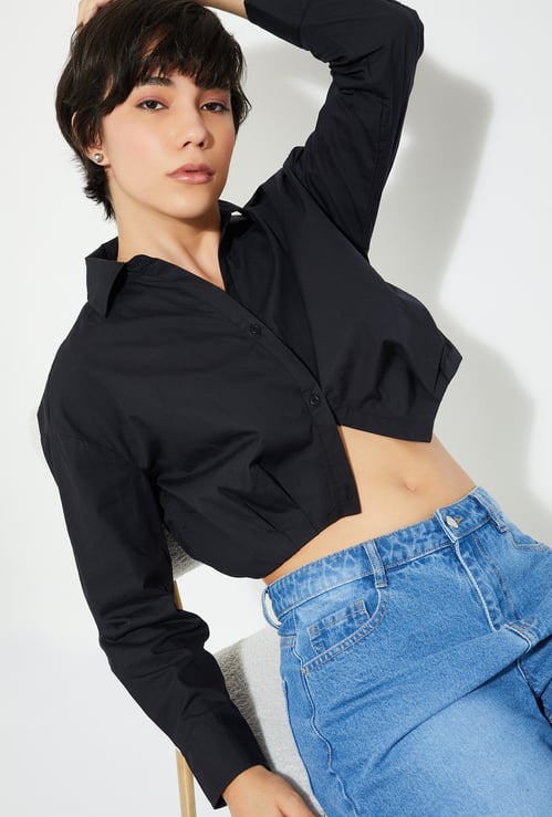 URB_N Women Solid Balloon Cropped Shirt