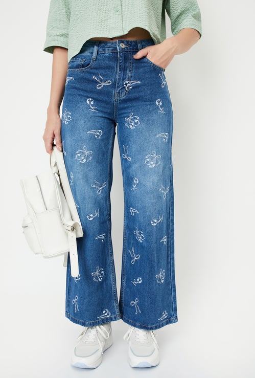 Women Embroidered Wide Leg Jeans