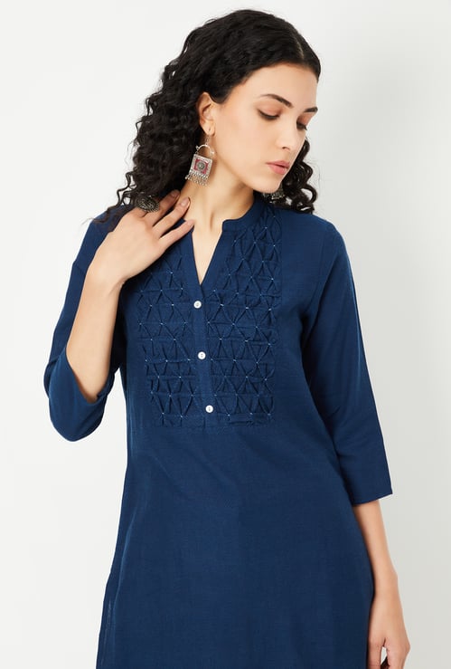 Women Smocked Yoke Straight Kurta