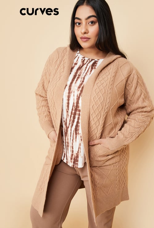 Women Cable Knit Hooded Cardigan