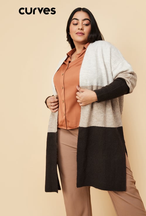 Women Colourblock Open Front Long Cardigan