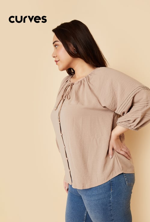 Women Hammered Texture Tie-Up Neck Blouse