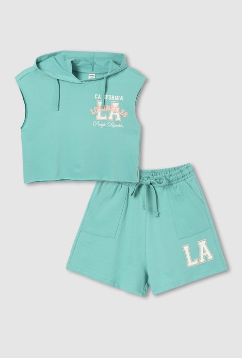 Girls Printed Hooded T-shirt with Shorts