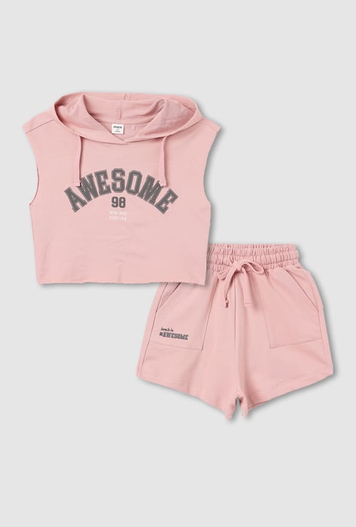 Girls Printed Hooded T-shirt and Shorts