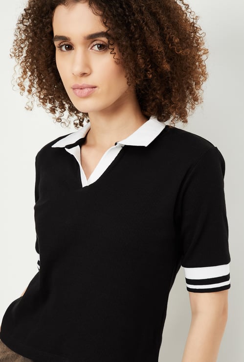 Women Ribbed Athleisure Polo T-shirt