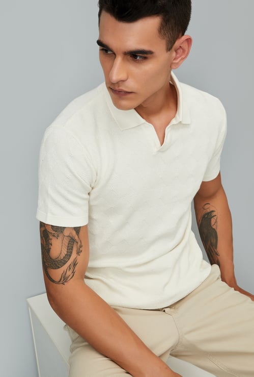 Men Geometric Knit Johnny Collar T-shirt