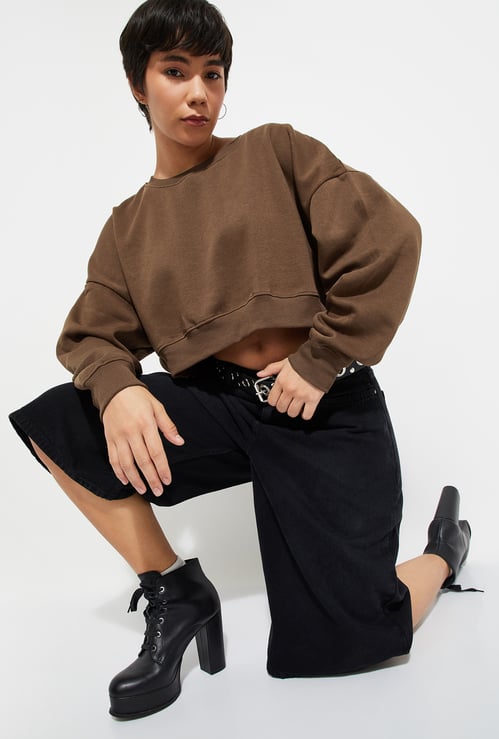 URB_N Women Solid Boxy Cropped Sweatshirt