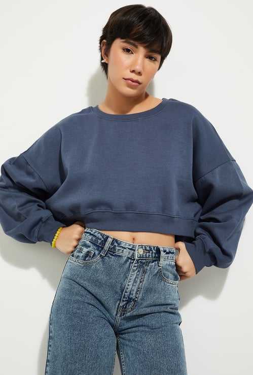 URB_N Women Solid Boxy Crop Sweatshirt