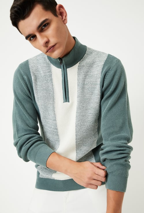 Men Colourblock Zip Troyer Sweater