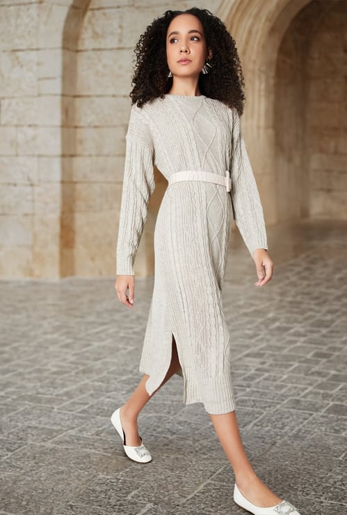 Women Cable Knit Belted Midi Dress
