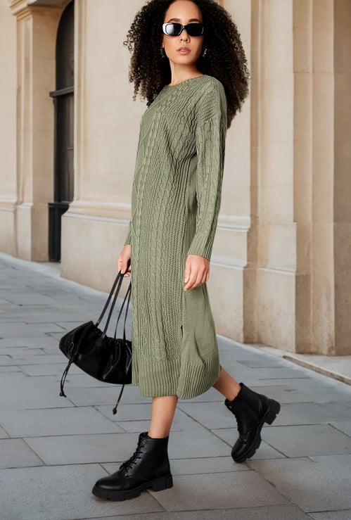 Women Cable Knit Belted Midi Dress