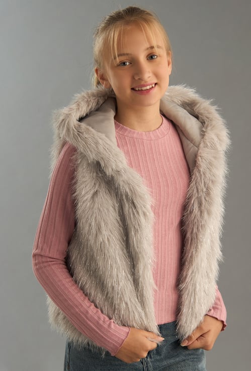 Girls Faux Fur Sleeveless Hooded Jacket