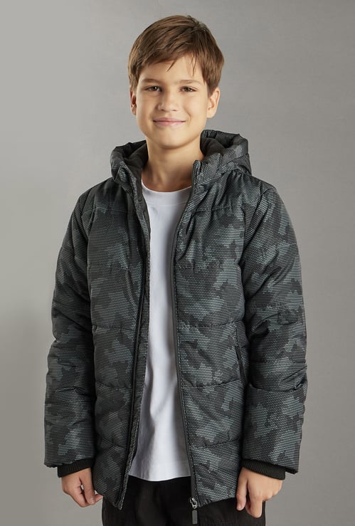 Boys Camouflage Print Hooded Puffer Jacket