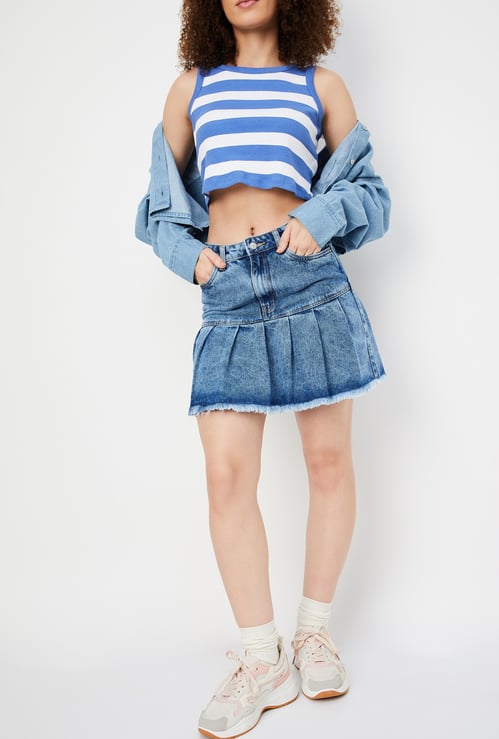 Women Pleated Denim Skater Skirt