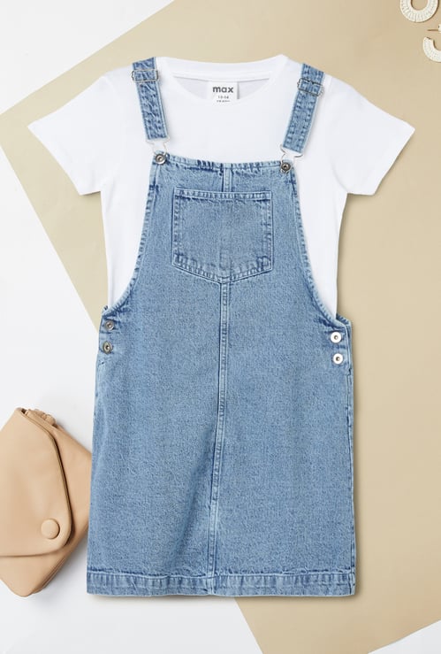 Girls Washed Denim Pinafore Dress with Tee