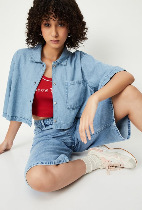 Women Solid Boxy Fit Crop Denim Shirt