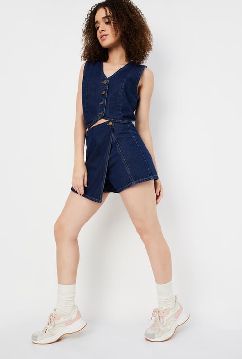 Women Solid Wrap Denim Skorts