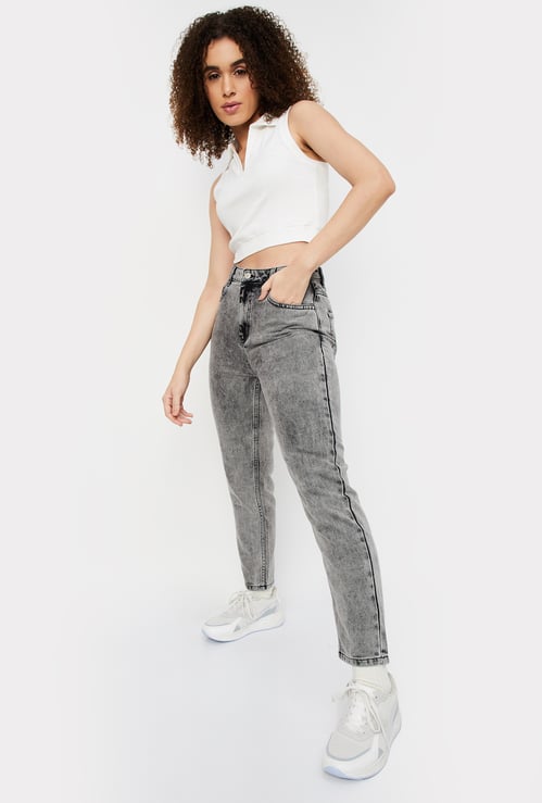 Women Washed Mom Fit Jeans