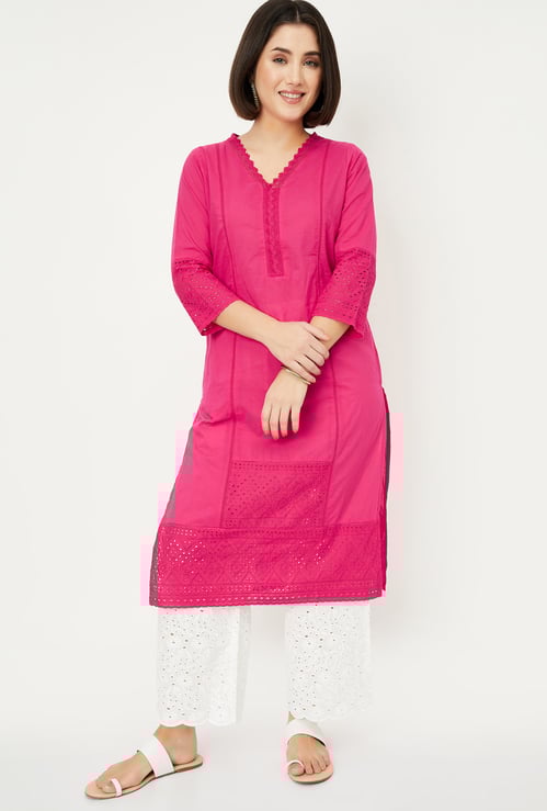 Women Schiffli Embroidered Straight Kurta