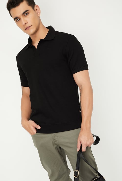 Men Ribbed Johnny Collar Polo T-shirt
