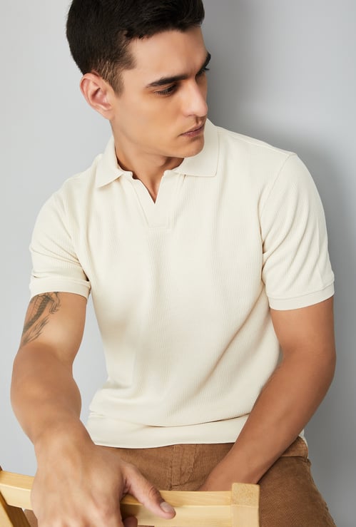 Men Ribbed Johnny Collar Polo T-shirt
