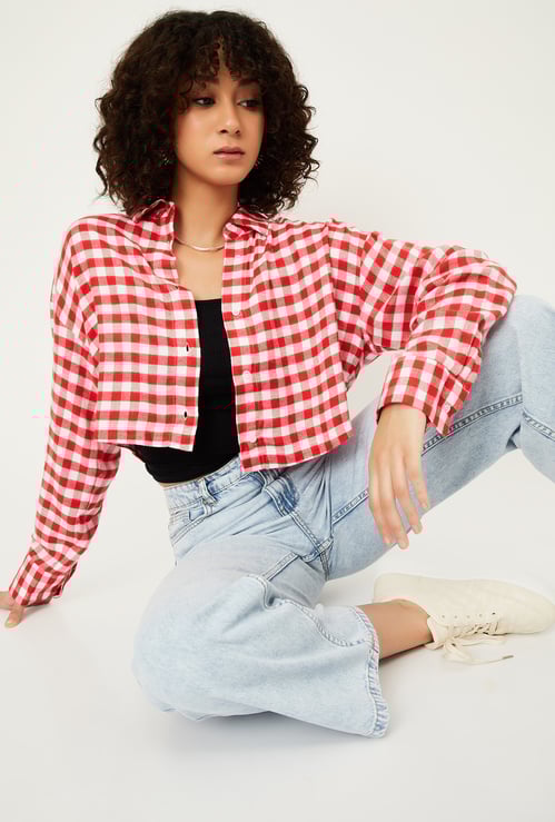 Women Checked Boxy Fit Crop Shirt
