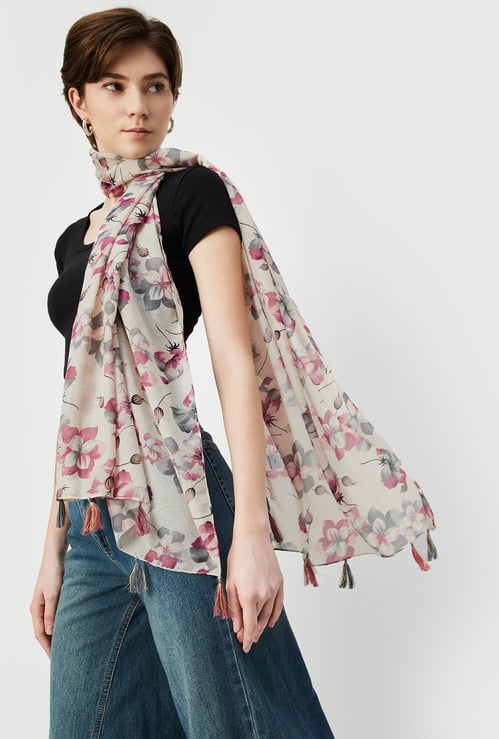 Women Floral Print Scarf with Tassels