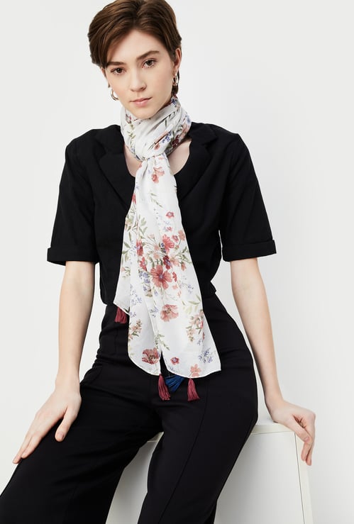 Women Floral Print Scarf with Tassels