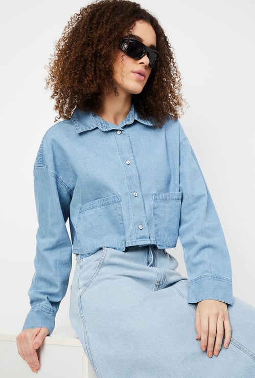 Women Solid Crop Denim Shirt