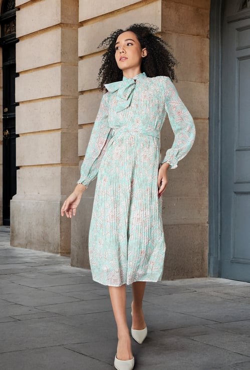 Women Floral Print Pleated Midi Dress