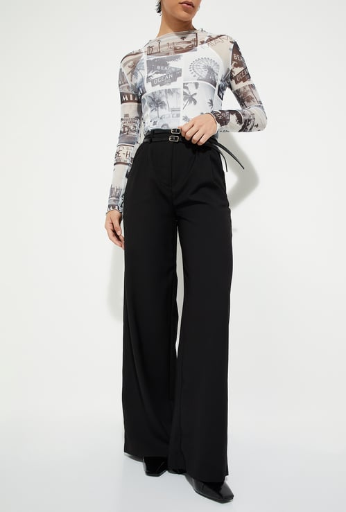 URB_N Women Solid Wide-leg Belted Trousers