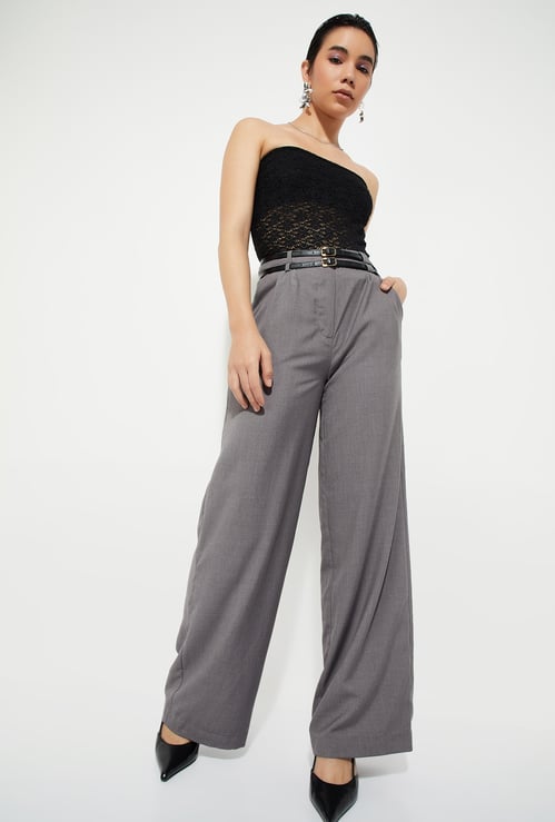 URB_N Women Solid Wide-leg Belted Trousers