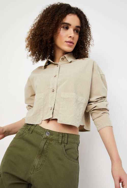 Women Boxy Fit Solid Crop Shirt