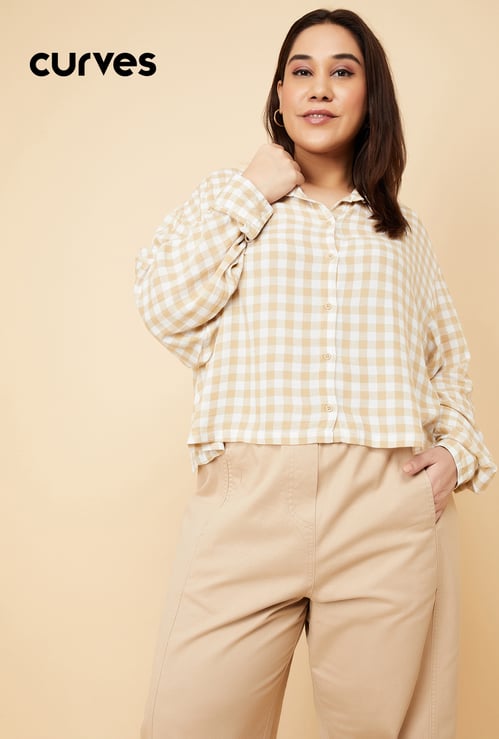 Women Checked Boxy Fit Crop Shirt