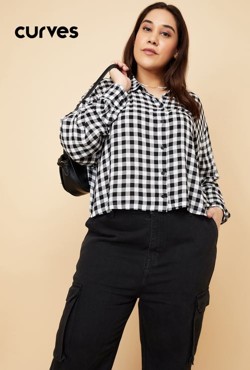 Women Checked Boxy Fit Crop Shirt