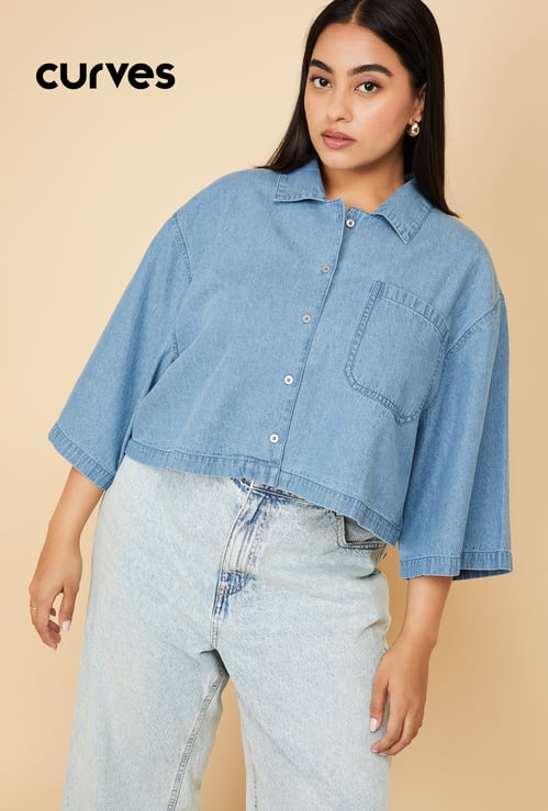 Women Solid Boxy Fit Crop Denim Shirt