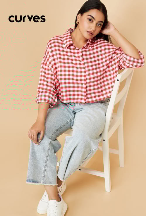 Women Checked Boxy Fit Crop Shirt
