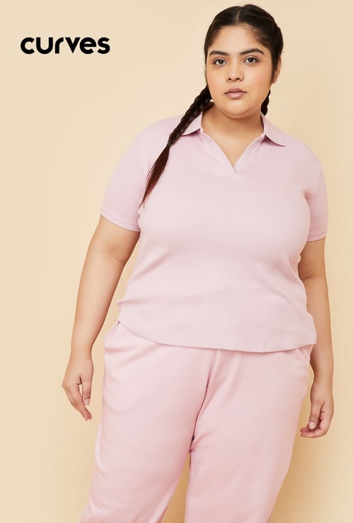 Women Ribbed Athleisure Polo T-shirt