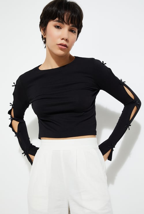 URB_N Women Bow Sleeve Crop Top