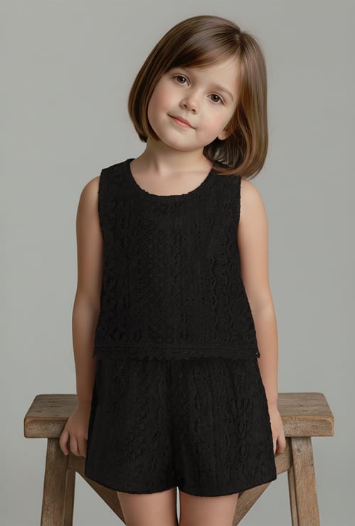 Girls Lace Embroidered Shorts Set