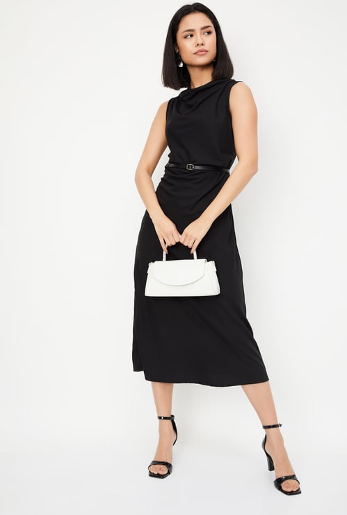 Women Solid Belted Midi Dress