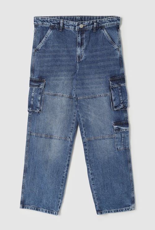 Boys Washed Loose Fit Cargo Jeans