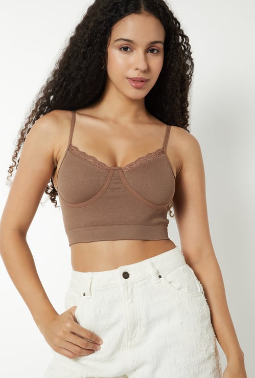 Women Ribbed Lace Inserts Cami Bra