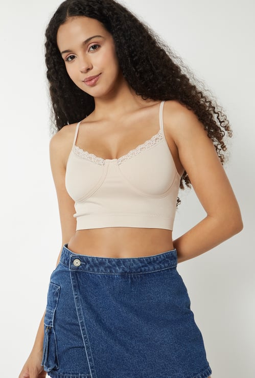 Women Ribbed Lace Inserts Cami Bra