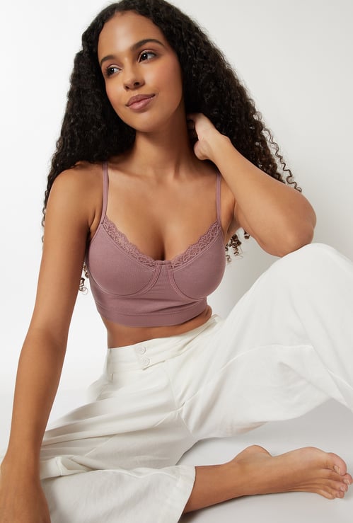 Women Ribbed Lace Inserts Cami Bra