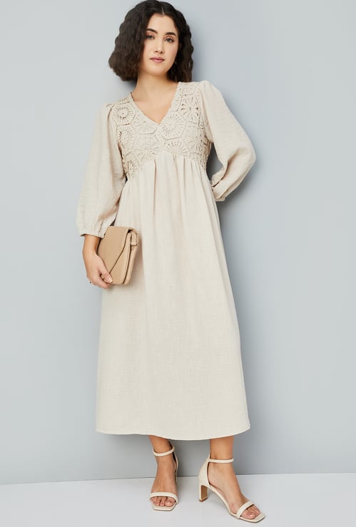 Women A-line Dress with Crochet Yoke