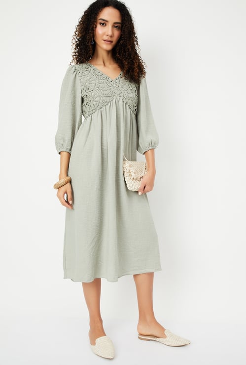 Women A-line Dress with Crochet Yoke